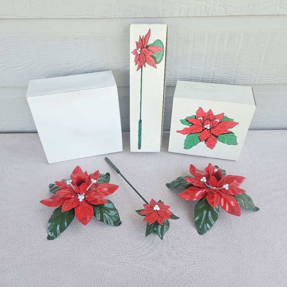 Department 56 Poinsettia Taper Candle Holder Set of 2 with Snuffer Christmas Red - Picture 1 of 12